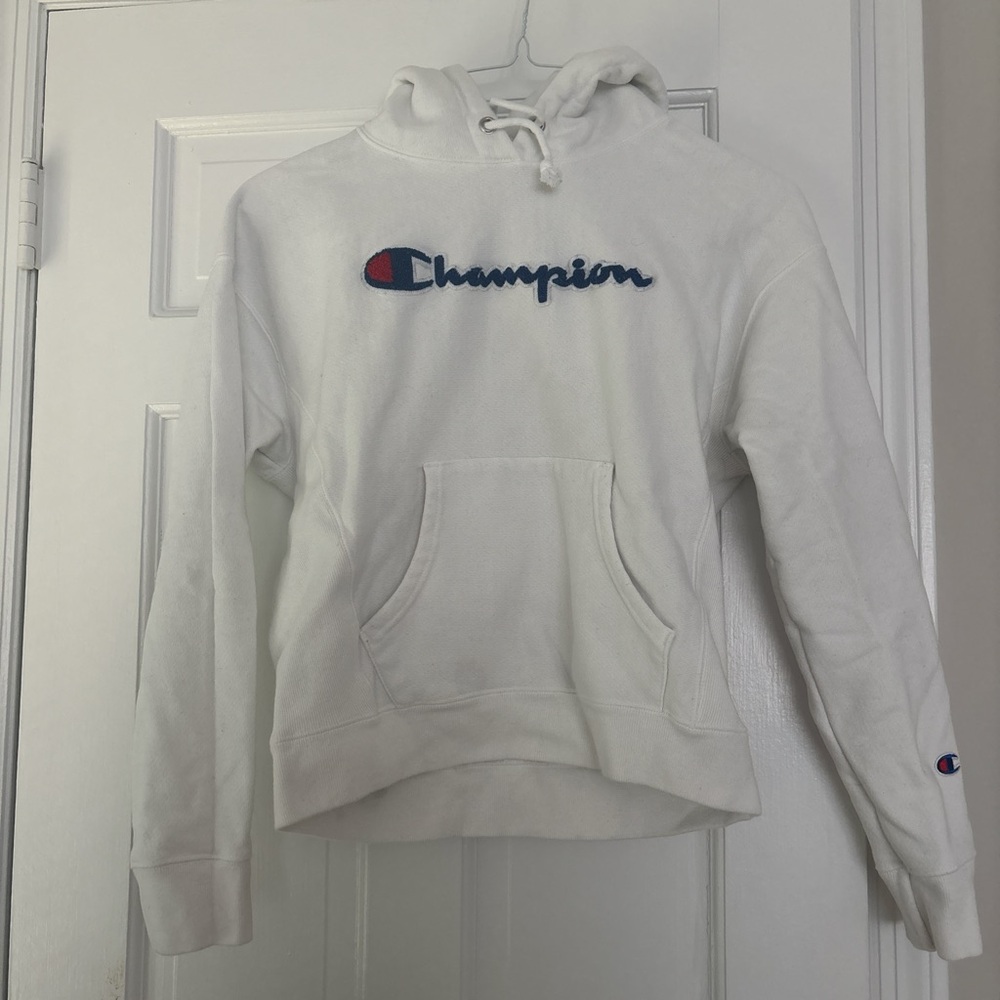 Women’s small Champion White Hoodie with Blue Logo